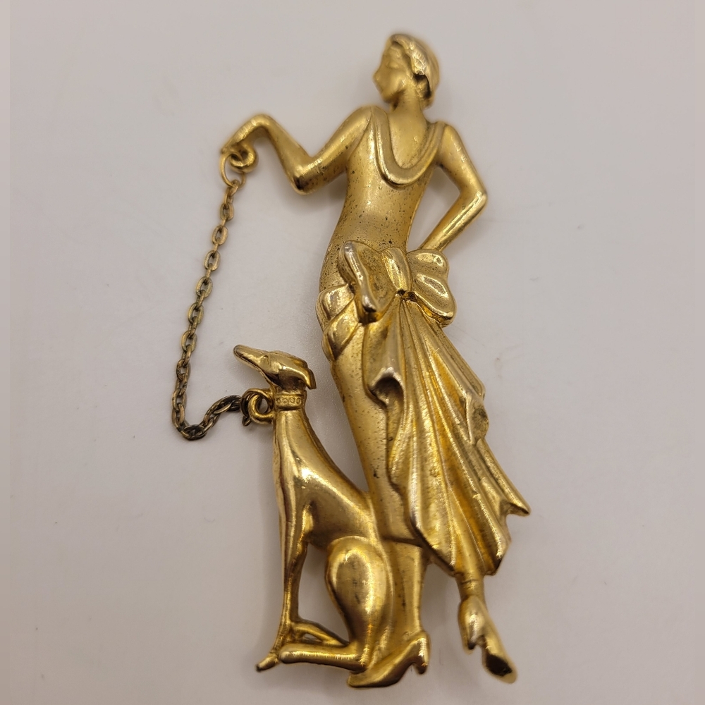 Signed M Jent Vintage 20s Flapper Lady Dog Shiny Matte Gold Tone Brooch 1980’s